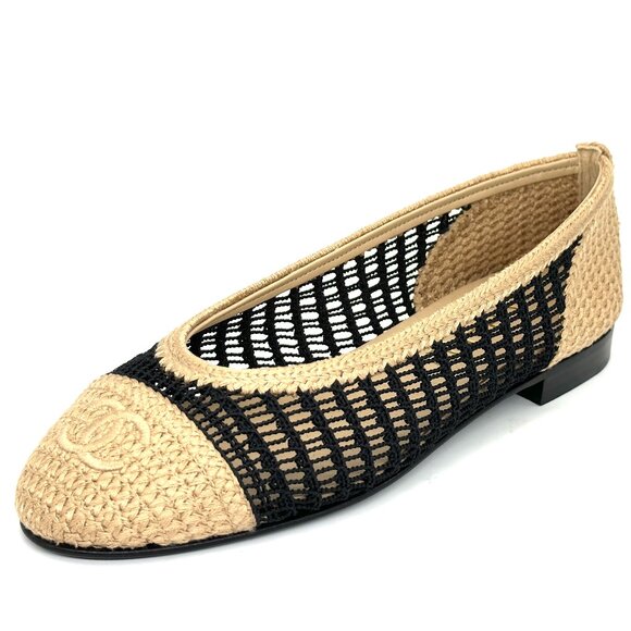 CHANEL 25P CC Raffia Crochet Woven Two Tone Cap Toe Ballerina Ballet Flats - Picture 1 of 15